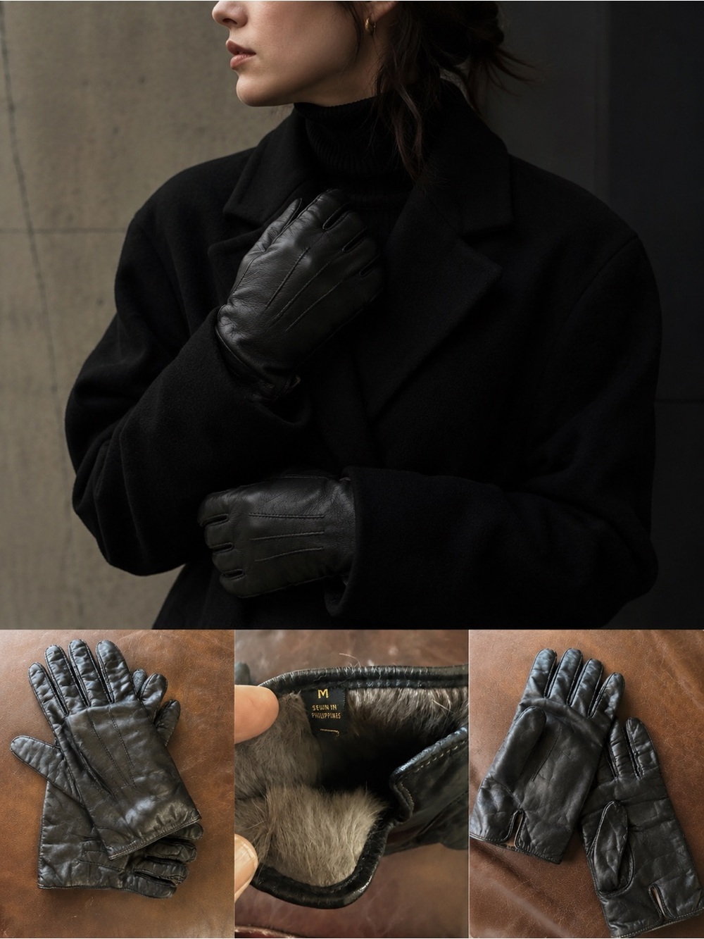 Genuine black leather gloves with genuine fur lining. Size medium
